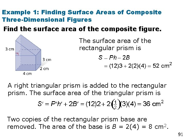 Example 1: Finding Surface Areas of Composite Three-Dimensional Figures Find the surface area of