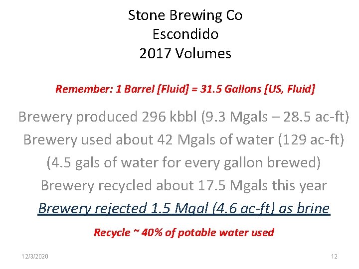 Stone Brewing Co Escondido 2017 Volumes Remember: 1 Barrel [Fluid] = 31. 5 Gallons