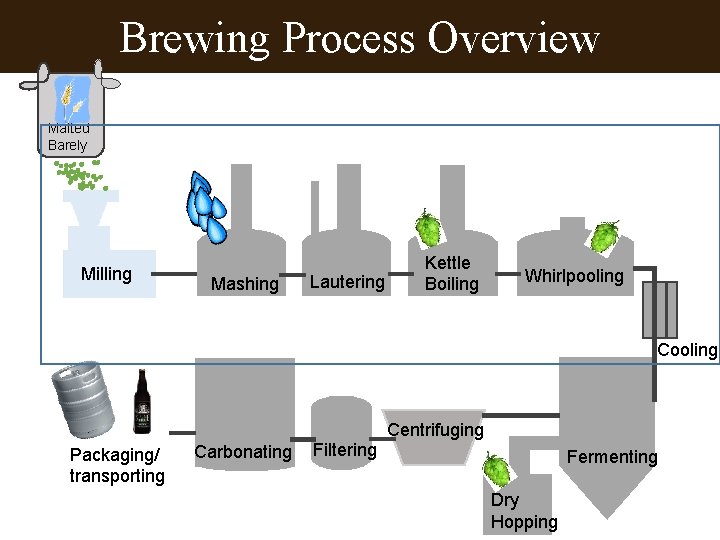 Brewing Process Overview Malted Barely Milling Mashing Lautering Kettle Boiling Whirlpooling Centrifuging Packaging/ transporting