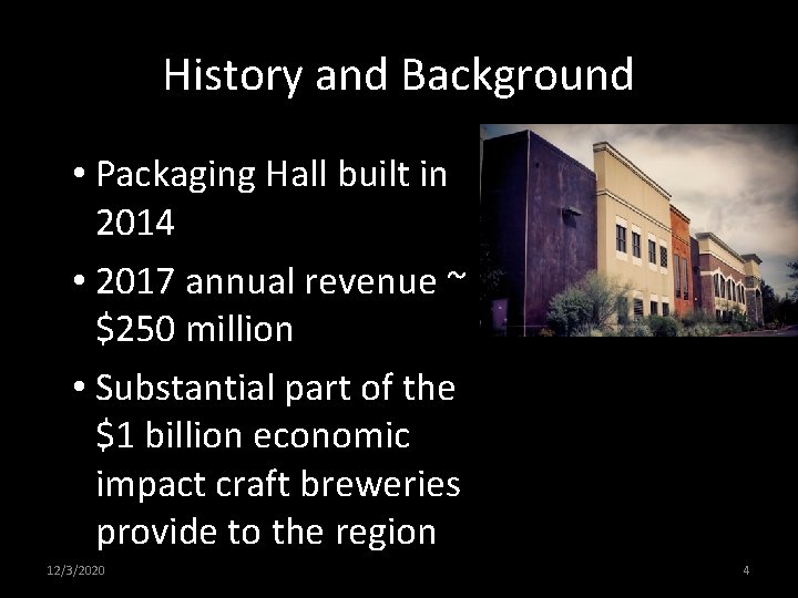 History and Background • Packaging Hall built in 2014 • 2017 annual revenue ~