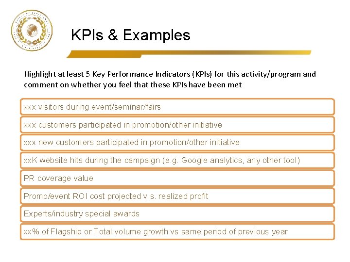 KPIs & Examples Highlight at least 5 Key Performance Indicators (KPIs) for this activity/program