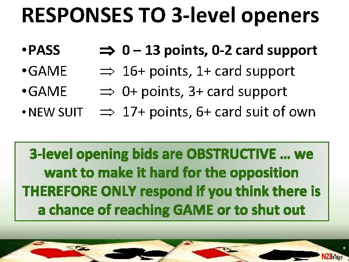 RESPONSES TO 3 -level openers • PASS • GAME • NEW SUIT 0 –