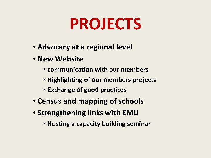 PROJECTS • Advocacy at a regional level • New Website • communication with our