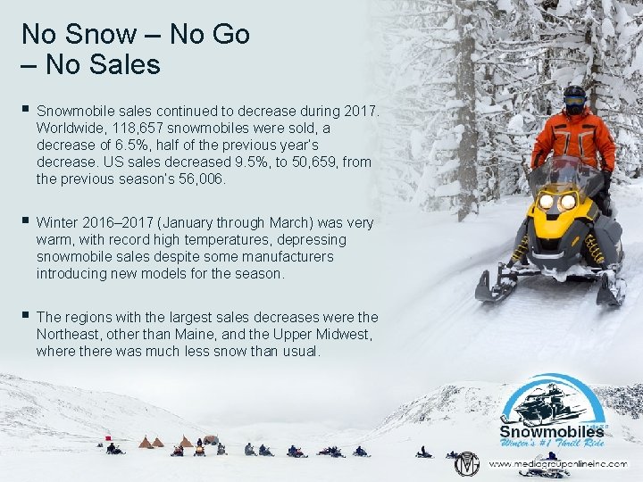 No Snow – No Go – No Sales § Snowmobile sales continued to decrease