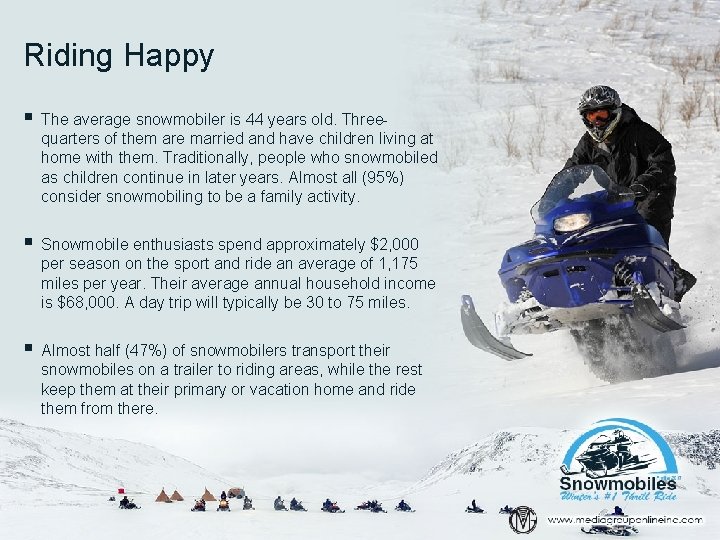 Riding Happy § The average snowmobiler is 44 years old. Three- quarters of them