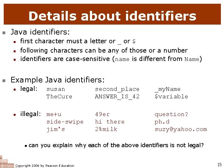 Details about identifiers n Java identifiers: n n first character must a letter or