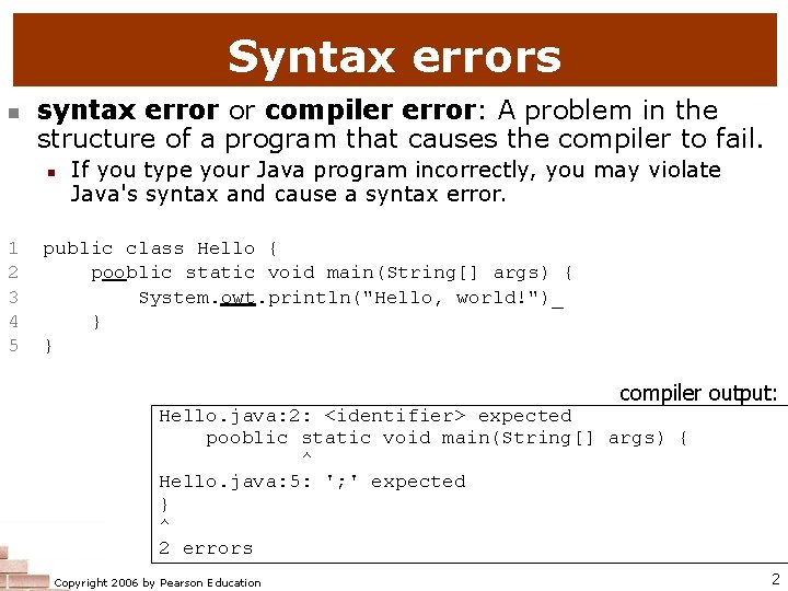 Syntax errors n syntax error or compiler error: A problem in the structure of