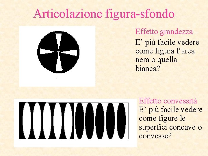 Articolazione figura-sfondo Effetto grandezza E’ più facile vedere come figura l’area nera o quella