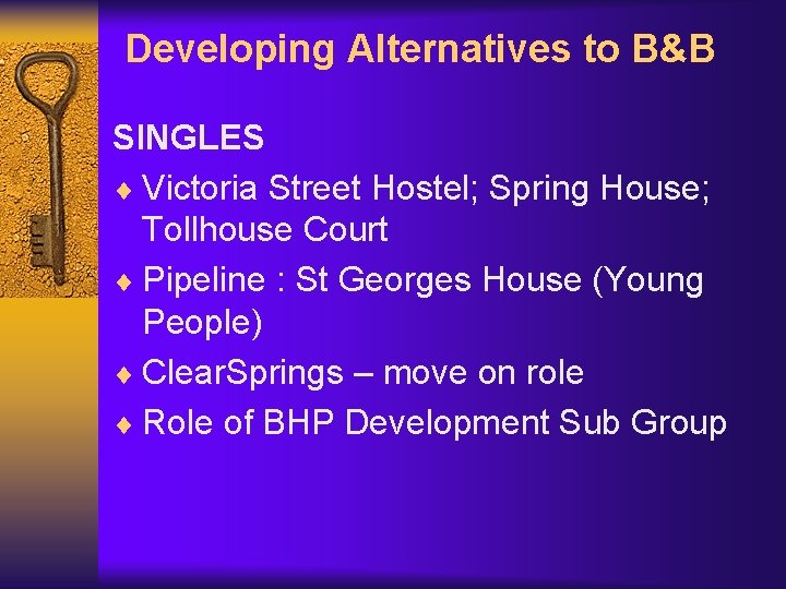 Developing Alternatives to B&B SINGLES ¨ Victoria Street Hostel; Spring House; Tollhouse Court ¨