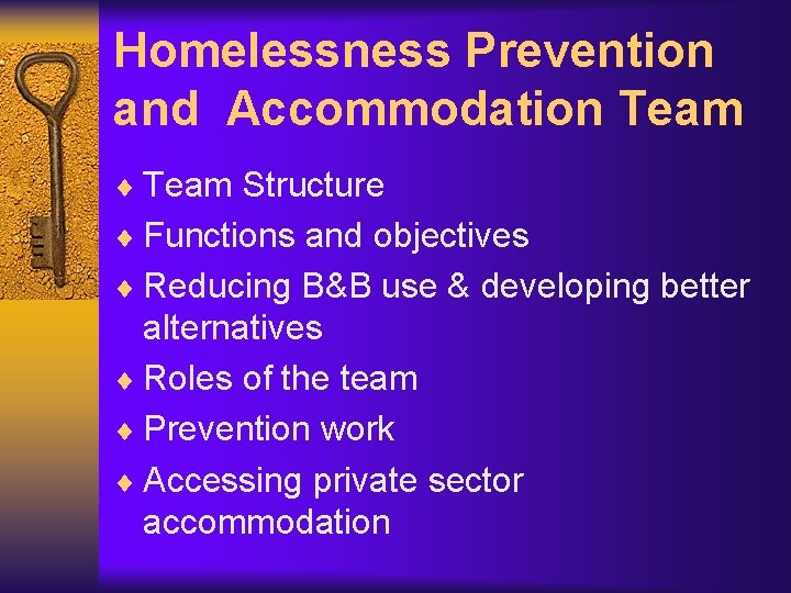 Homelessness Prevention and Accommodation Team ¨ Team Structure ¨ Functions and objectives ¨ Reducing