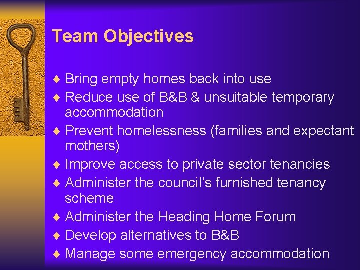 Team Objectives ¨ Bring empty homes back into use ¨ Reduce use of B&B