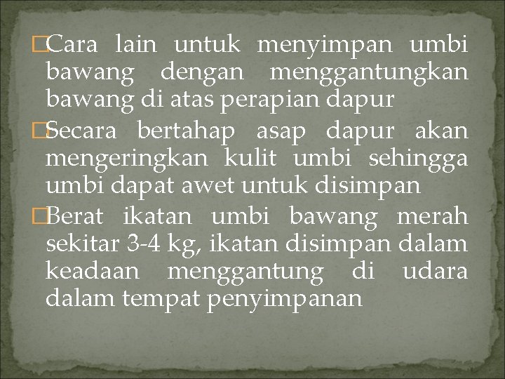 �Cara lain untuk menyimpan umbi bawang dengan menggantungkan bawang di atas perapian dapur �Secara