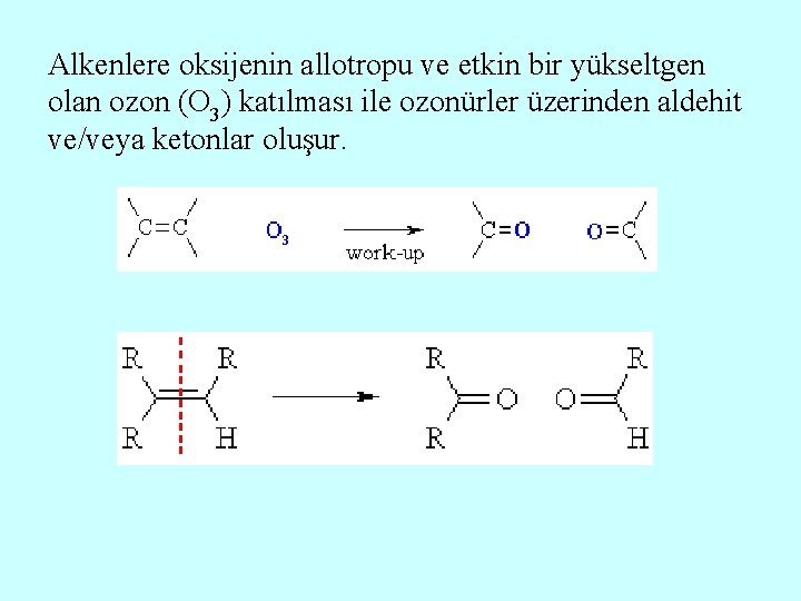 Alkenlere oksijenin allotropu ve etkin bir yükseltgen olan ozon (O 3) katılması ile ozonürler