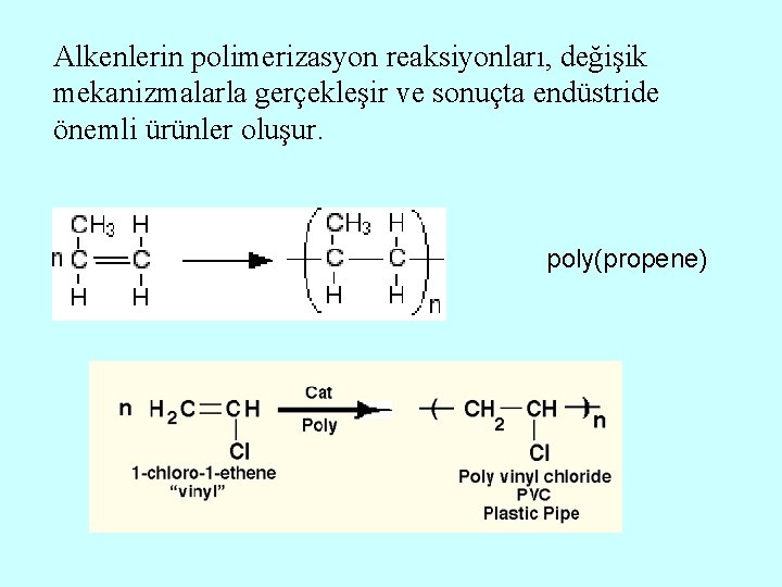 Alkenlerin polimerizasyon reaksiyonları, değişik mekanizmalarla gerçekleşir ve sonuçta endüstride önemli ürünler oluşur. poly(propene) 