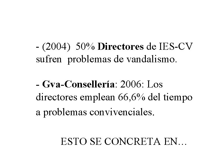 - (2004) 50% Directores de IES-CV sufren problemas de vandalismo. - Gva-Consellería: 2006: Los
