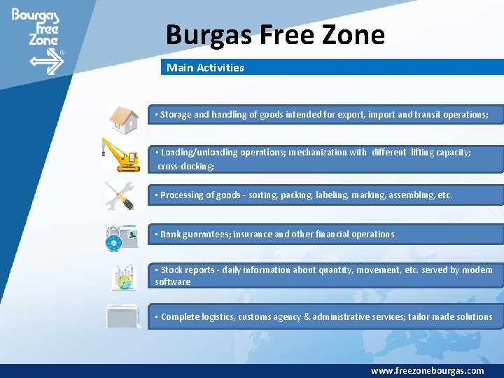 Burgas Free Zone Main Activities • Storage and handling of goods intended for export,