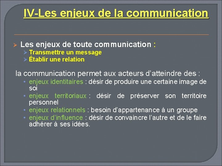 IV-Les enjeux de la communication Ø Les enjeux de toute communication : Ø Transmettre