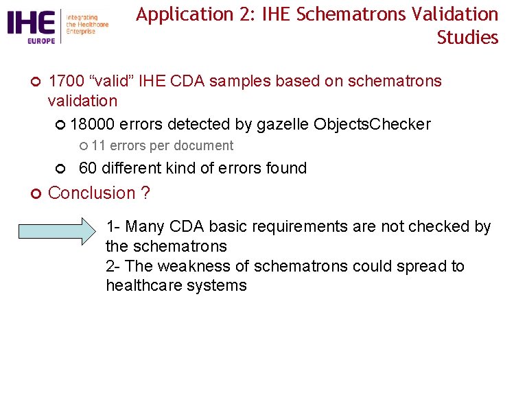 Application 2: IHE Schematrons Validation Studies ¢ 1700 “valid” IHE CDA samples based on