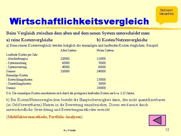 Wirtschaftlichkeitsvergleich Stichwort. Verzeichnis Beim Vergleich zwischen dem alten und dem neuen System unterscheidet man: