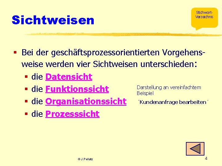 Sichtweisen Stichwort. Verzeichnis § Bei der geschäftsprozessorientierten Vorgehensweise werden vier Sichtweisen unterschieden: § die