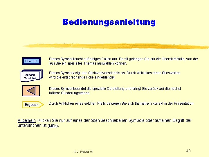 Bedienungsanleitung Übersicht Stichwort. Verzeichnis Dieses Symbol taucht auf einigen Folien auf. Damit gelangen Sie