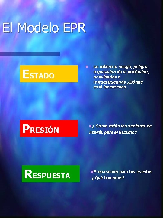 El Modelo EPR ESTADO PRESIÓN RESPUESTA n se refiere al riesgo, peligro, exposición de