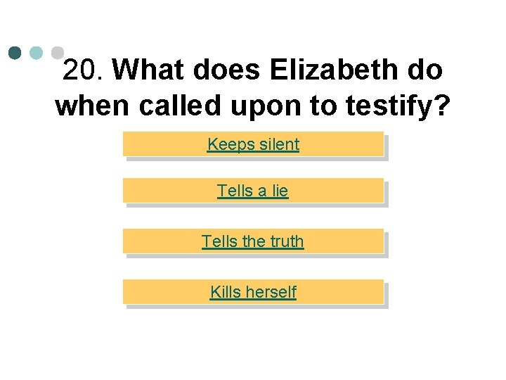 20. What does Elizabeth do when called upon to testify? Keeps silent Tells a
