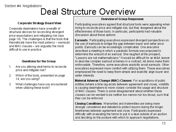 Section #4: Negotiations Deal Structure Overview of Group Responses Corporate Strategy Board View Corporate