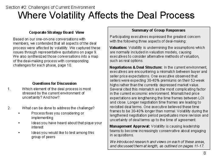 Section #2: Challenges of Current Environment Where Volatility Affects the Deal Process Corporate Strategy