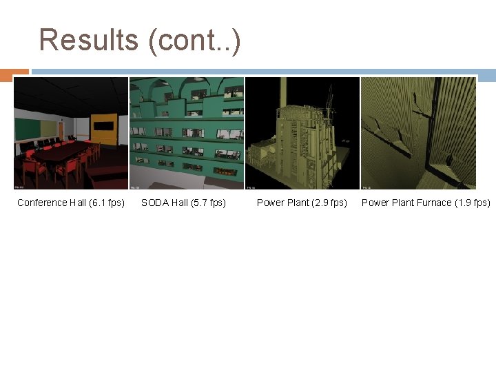 Results (cont. . ) Conference Hall (6. 1 fps) SODA Hall (5. 7 fps)