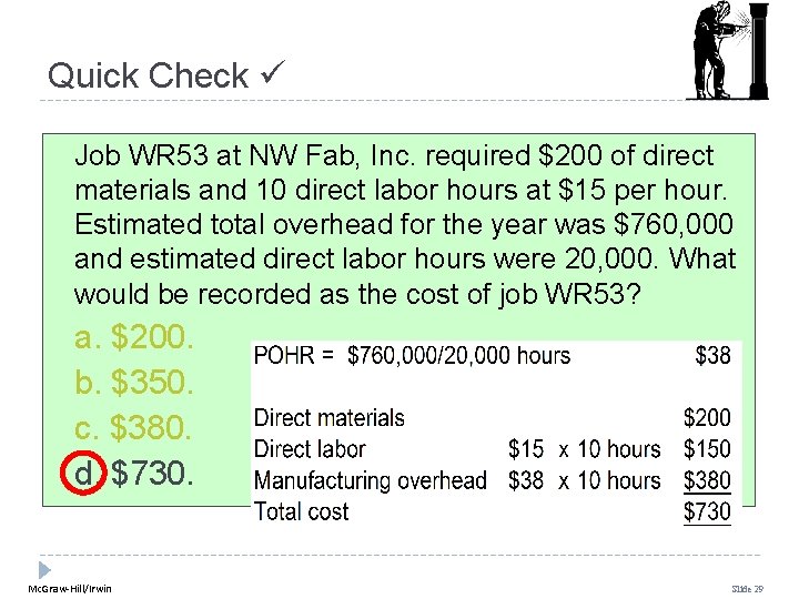 Quick Check Job WR 53 at NW Fab, Inc. required $200 of direct materials
