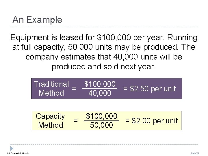 An Example Equipment is leased for $100, 000 per year. Running at full capacity,
