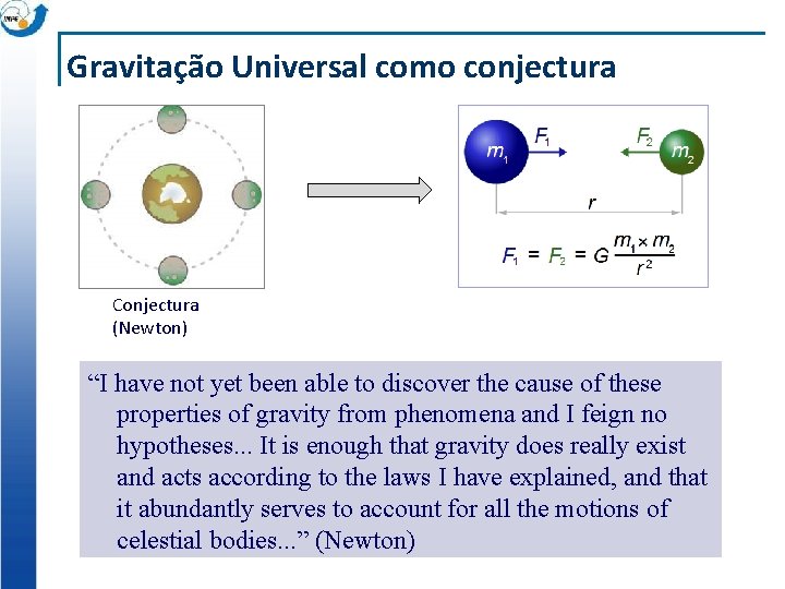Gravitação Universal como conjectura Observações (Brahe, Galileo) Conjectura (Newton) “I have not yet been