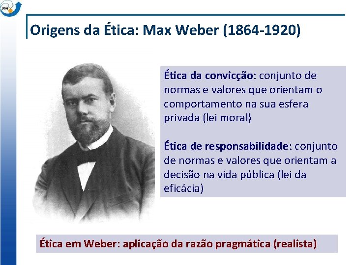 Origens da Ética: Max Weber (1864 -1920) Ética da convicção: conjunto de normas e