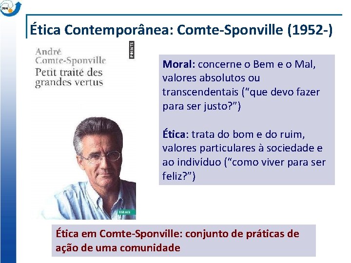 Ética Contemporânea: Comte-Sponville (1952 -) Moral: concerne o Bem e o Mal, valores absolutos