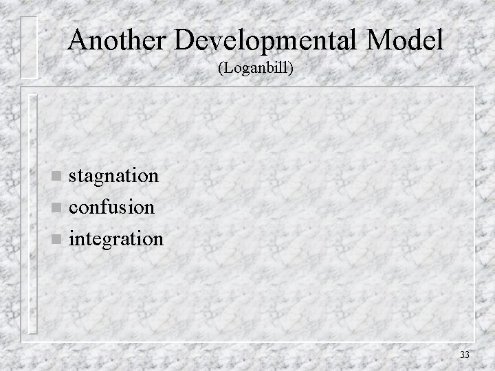 Another Developmental Model (Loganbill) stagnation n confusion n integration n 33 