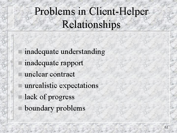Problems in Client-Helper Relationships inadequate understanding n inadequate rapport n unclear contract n unrealistic