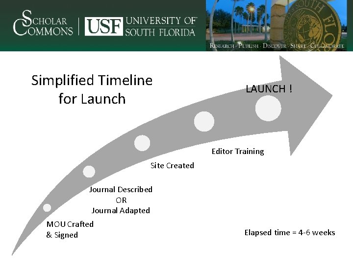 Simplified Timeline for Launch LAUNCH ! Editor Training Site Created Journal Described OR Journal