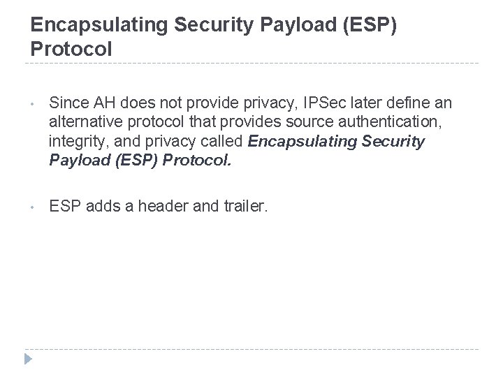 Encapsulating Security Payload (ESP) Protocol • Since AH does not provide privacy, IPSec later