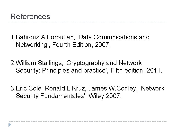 References 1. Bahrouz A. Forouzan, ‘Data Commnications and Networking’, Fourth Edition, 2007. 2. William