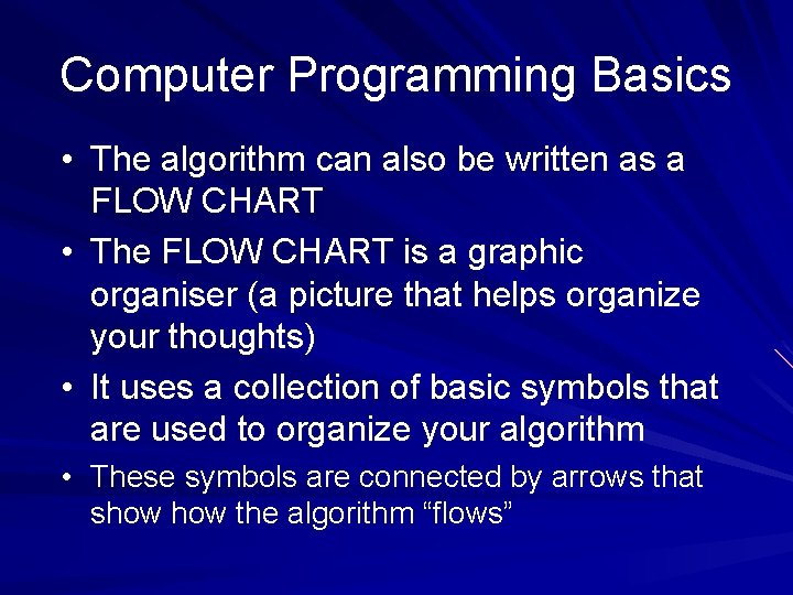 Computer Programming Basics • The algorithm can also be written as a FLOW CHART