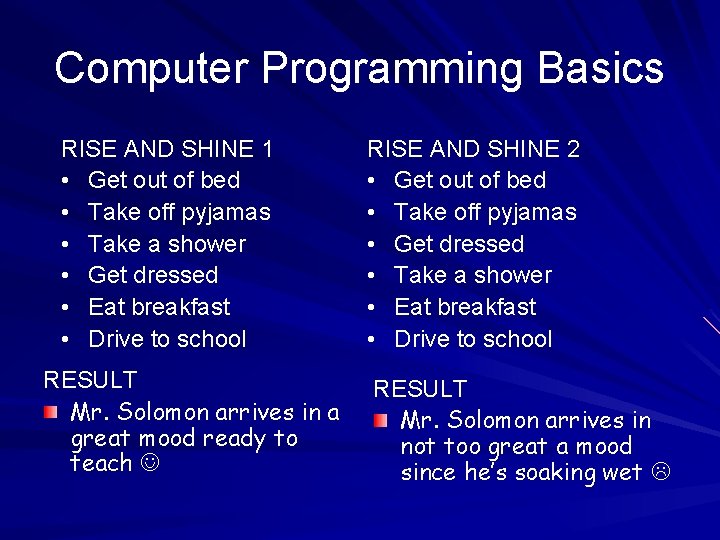 Computer Programming Basics RISE AND SHINE 1 • Get out of bed • Take