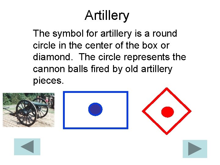 Artillery The symbol for artillery is a round circle in the center of the