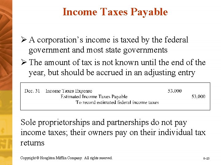 Income Taxes Payable Ø A corporation’s income is taxed by the federal government and