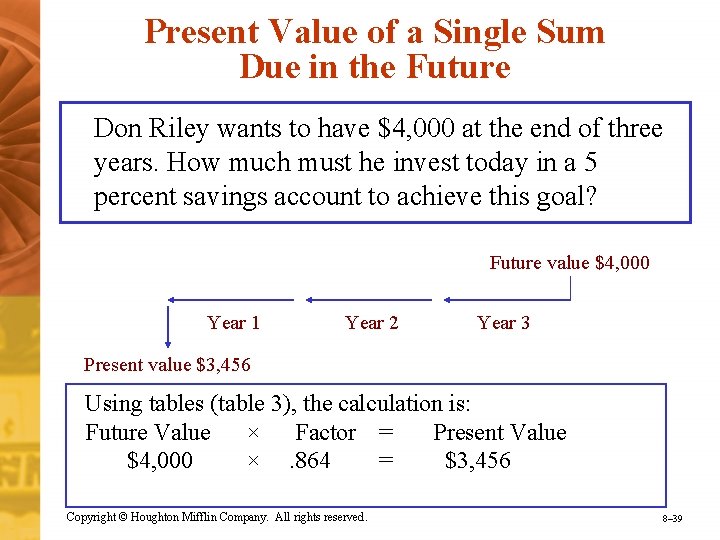 Present Value of a Single Sum Due in the Future Don Riley wants to