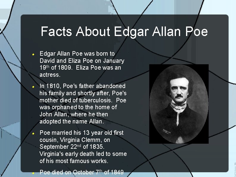 Facts About Edgar Allan Poe was born to David and Eliza Poe on January