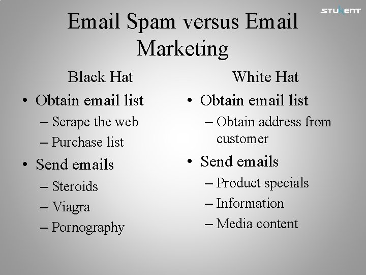 Email Spam versus Email Marketing Black Hat • Obtain email list – Scrape the