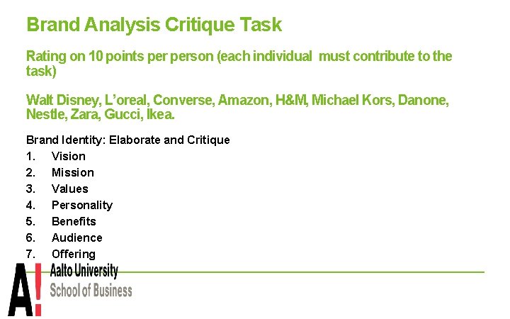 Brand Analysis Critique Task Rating on 10 points person (each individual must contribute to