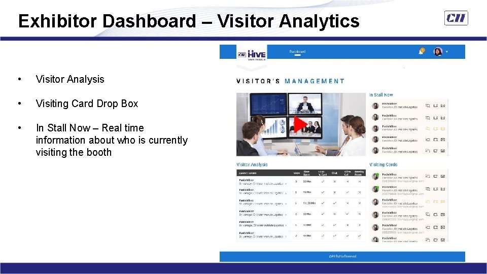 Exhibitor Dashboard – Visitor Analytics • Visitor Analysis • Visiting Card Drop Box •