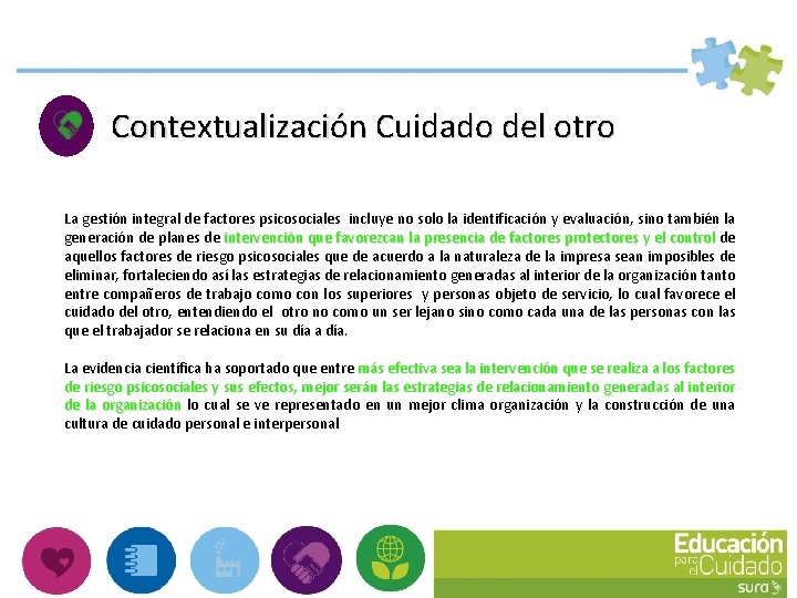  Contextualización Cuidado del otro La gestión integral de factores psicosociales incluye no solo
